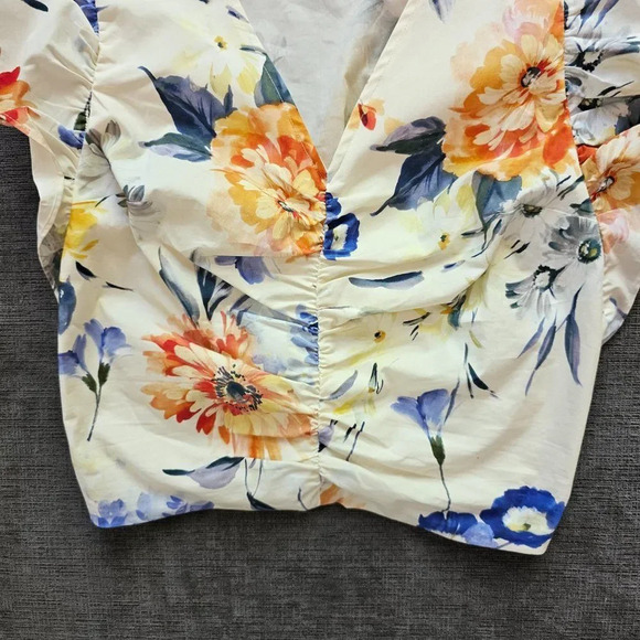 Express Floral V-Neck Flutter Sleeve Ruched Top Multi-Color For Women's Small - Picture 4 of 13